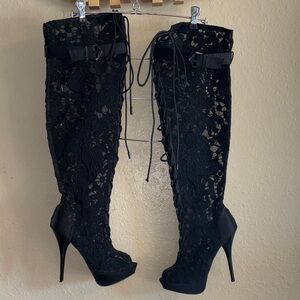 EUC SHIEKH Black satin and lace above the knee high stiletto style boots size 7